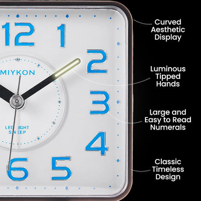 Miykon Small Square Analog Alarm Clock – Silent Non-Ticking, Battery Operated with LED Light & Snooze – Desk, Table, Travel or Bedside Clock for Bedroom, Office, Bathroom – Black 4 Inch