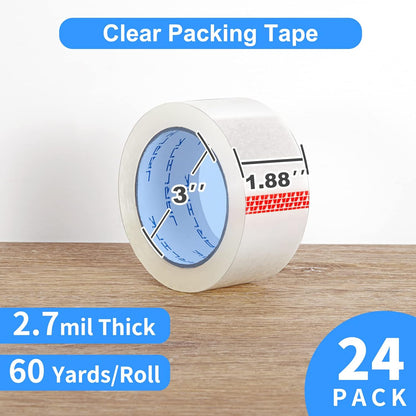 JARLINK Clear Packing Tape (24 Rolls), Heavy Duty Packaging Tape for Shipping Packaging Moving Sealing, 2.7mil Thick, 1.88 inches Wide, 60 Yards Per Roll, 1440 Total Yards