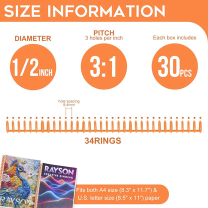 Rayson PROC1230OR Click Binding Spines, 3:1 Pitch, 1/2" Diameter, 90 Sheets Binding Capacity, Orange, 30/Box