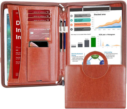 Darolin Zippered Leather Padfolio Portfolio with Hidden Handle and Clipboard, Business Conference Organizer Notepad Folder, Portfolio Bag, Padfolio for Women/Men (Brown)