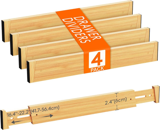 Lifewit 4 Pack Drawer Dividers Bamboo 2.4" High, 16-22" Adjustable Drawer Organizers for Clothes, Wooden Dresser Separators in Bedroom/Bathroom/Kitchen/Fridge/Office Organization and Storage
