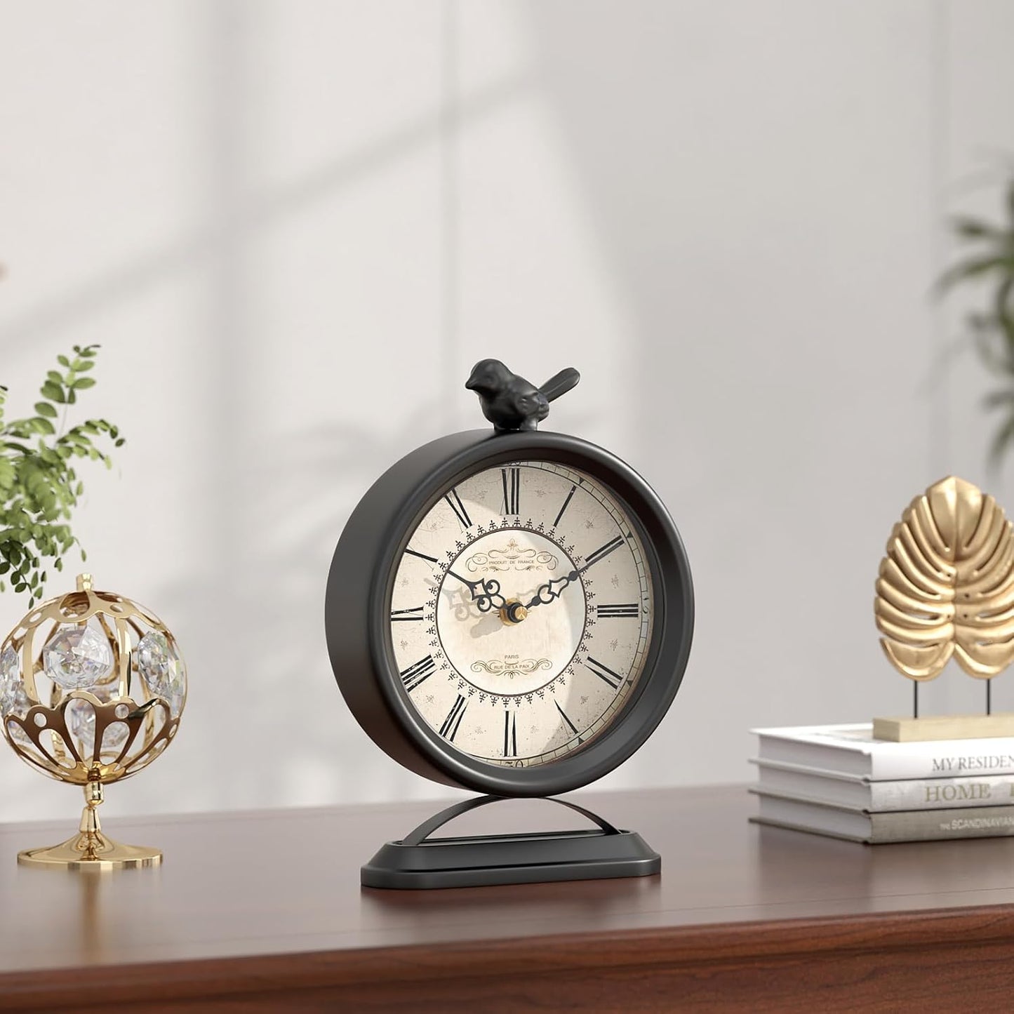 Vintage Table Clock with Bird, European Antique Style Black Mantel Clocks, Desk and Shelf Decor Clock, for Farmhouse, Bedside, Living Room, Bedroom, Gift (9" H x 6.5" W)