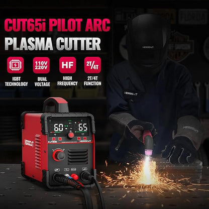 Plasma Cutter, 65Amps HEROCUT Plasma Cutter Machine CUT65i, Non-Touch Pilot Arc, 110/220V Dual Voltage IGBT Inverter, Screen Display, Air Sensor, 20mm Max Cutting Thickness, 2T/4T for Beginners DIY