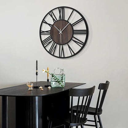 LEIKE Large Wall Clocks,Silent,Non Ticking,Battery Operated Rustic Round Modern Big Wood Wall Clock for Living Room, Bedroom,Kitchen,Farmhouse,Office,Home Decor-16 Inch(Black-Roman Numerals)