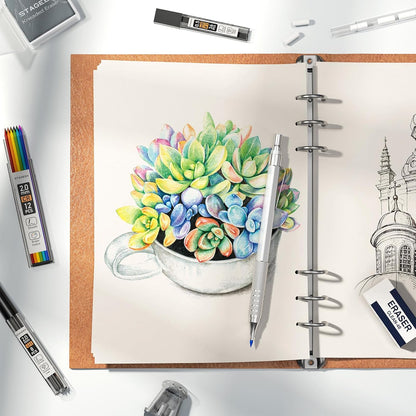 35Pcs Art Mechanical Pencil Set with Case, 0.5 0.7 0.9 2.0 Graphite Metal Drawing Drafting Pencils, Sharpener Erasers 384PCS Lead Refills (6B 4B 2B HB 2H 4H Colors)Pencils for Writing Sketching,Silver