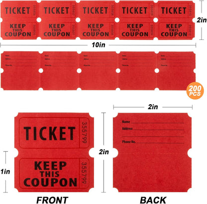 200PCS Double Roll Raffle Tickets - 50/50 Writable Raffle Tickets Perforated Line Consecutive Numbers Tearable Suitable for Raffles, Events, Carnivals, Entry, Party, Lottery, Prizes, Red