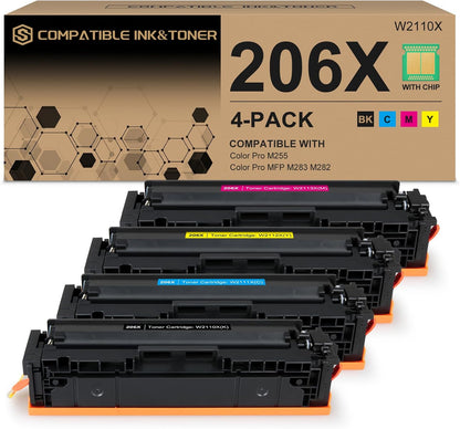 206X 206A High Yield Toner Cartridges 4 Pack (with Chip) Works with HP Color Pro MFP M283fdw M283cdw, Pro M255dw M255nw, MFP M282nw M283 M282 M255 Printer | W2110X W2111X W2112X W2113X 206A W2110A