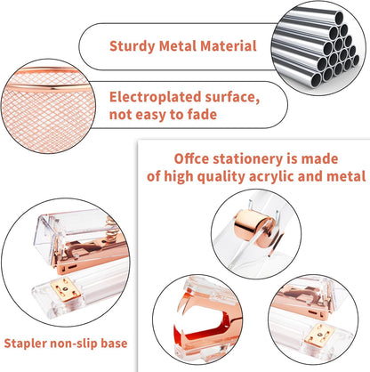 Rose Gold Desk Accessories, Office Supplies Set with Acrylic Stapler, Tape Dispenser, Staple Remover, Pen Holder, Scissor, Binder Paper Clips, 1 Ballpoint Pen, 1 Clear Tape and 1000pcs Staples