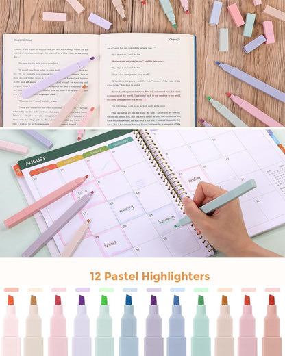 SKYDUE Cute School Supplies 44 PCS, Aesthetic Pencil Case with 12 Pastel Highlighters, 5 Black Gel Pens, 6 Color Gel Pens & Mechanical Pencils, College Essentials Students Stationary Set Green