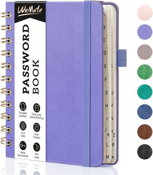 WEMATE Password Book with Alphabetical Tabs, Spiral Password Keeper Book for Seniors, Internet Password Notebook Password Journal Logbook Log in Detail, Small – 4.7''x 6'' (Purple)