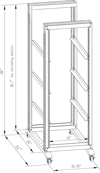 27U Server Rack/4-Post 19in Network Rack/Open Frame Rack with Wheels, Heavy-Duty Frame Cabinet/Adjustable Depth 24-22in GLOBALRACK(4POST-800-27U)