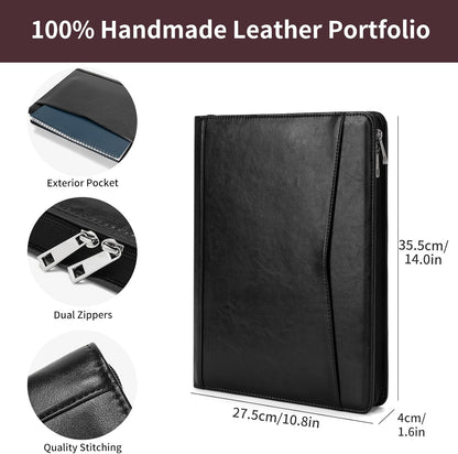 Personalized Vegan Leather Portfolio with Front Pocket for Men Women, Custom 8.5 x 11 Legal Pad Notepad Holder, Zippered Business Organizer, Professional Work Folder, Black