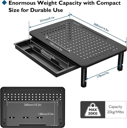 BONTEC 2 Pack Adjustable Monitor Stand Riser with Drawer, Ergonomic Mesh Platform for Laptop, PC, iMac, Printer, Supports up to 44 lbs/20kg with Cable Management Included