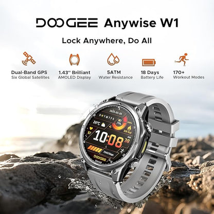 DOOGEE Anywise W1 Mens Smart Watch, 5ATM Dual-Band GPS Fitness Tracker, 1.43'' Smart Watches for Android and iPhone, 170+ Sports Modes, Answer/Make Calls/18 Days Battery/Led Flashlight/Compass/2 Strap