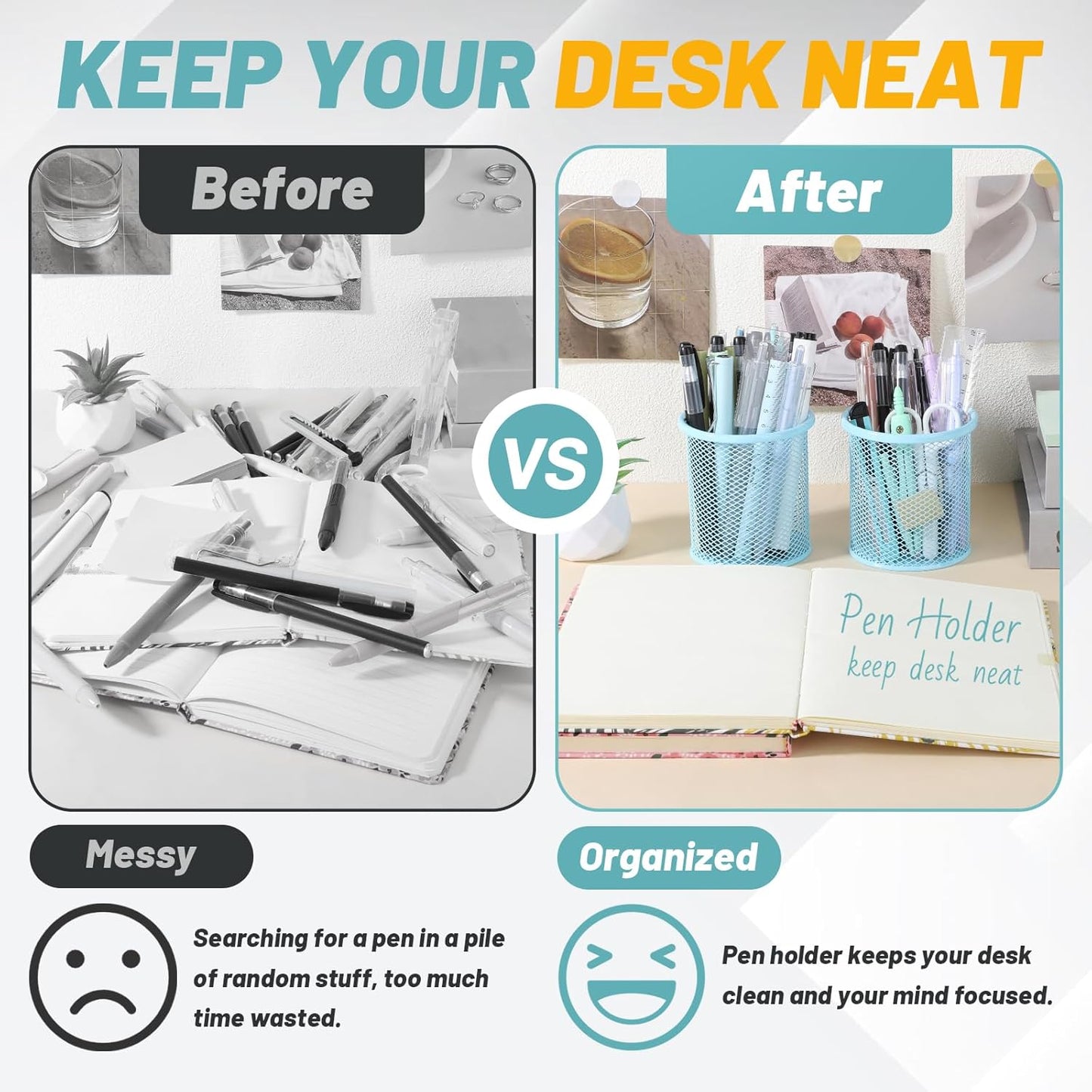 Segarty Pencil Holder, 3 Pack Light Blue Pen Holder, Pencils Cups for Desk, Round Mesh Pens Container Organizer for Office Supplies, School Classroom, Makeup Brush, Home Storage