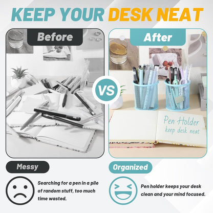 Segarty Pencil Holder, 3 Pack Light Blue Pen Holder, Pencils Cups for Desk, Round Mesh Pens Container Organizer for Office Supplies, School Classroom, Makeup Brush, Home Storage