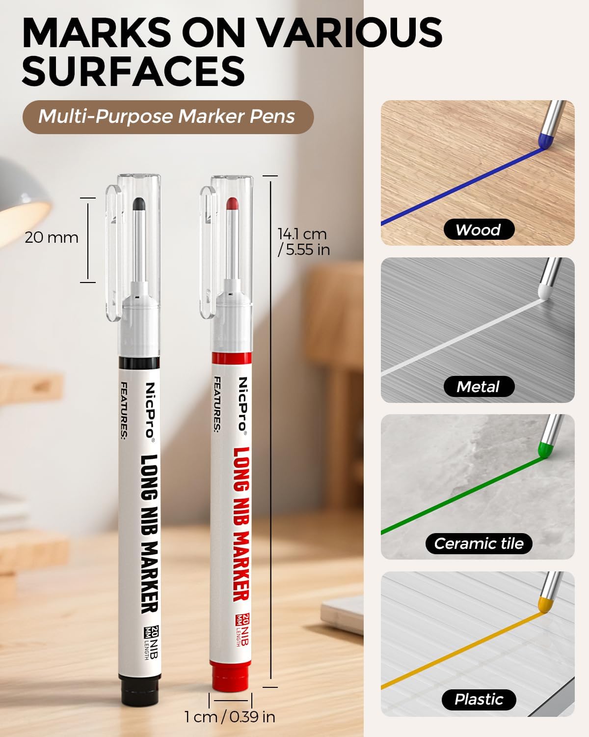 Nicpro 6 PCS Long Nib Marker Pens, 20mm Deep Hole Marker, Quick Dry & Waterproof Construction Markers, Long Head Markers for Metal, Steel, Tile, Glass, Carpenter Marking Pen for Woodworking (Colorful)