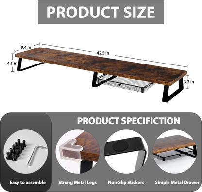 Aothia Dual Monitor Stand Riser - Metal Leg Monitor Stand with Drawer, Desk Shelf for PC, Laptop & Screen (Vintage)