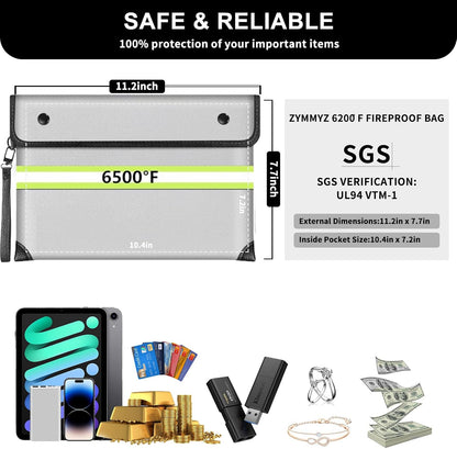 6200°F Upgraded Fireproof Document Bag with Waterproof Zipper,9 Layers of Heat Insulated Materials,Fireproof Money Bag for Cash,Valuables and Important Documents（Not Suitable for A4 Files）