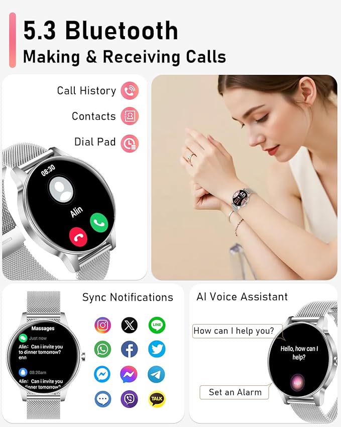 Smart Watch for Women, Answer/Make Call,1.27'' Touchscreen, 120+ Sports Modes Fitness Tracker, 24H Heart Rate/SpO2/Sleep/Menstrual Cycle/IP68 Fitness Watch for Android iOS, 4 Straps (Silver)