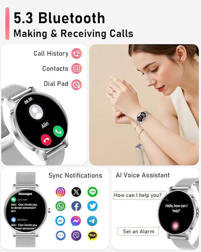 Smart Watch for Women, Answer/Make Call,1.27'' Touchscreen, 120+ Sports Modes Fitness Tracker, 24H Heart Rate/SpO2/Sleep/Menstrual Cycle/IP68 Fitness Watch for Android iOS, 4 Straps (Silver)