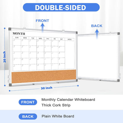 Monthly Calendar Whiteboard Dry Erase Cork Board Combo for Wall, 30" x 20" Magnetic Double-Sided Calendar White Board and Bulletin Board, Portable Board for Office, Kitchen, School, Home, Dorm