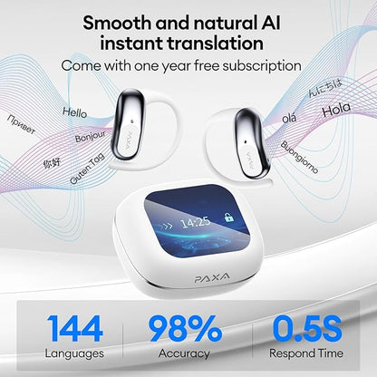 PAXA Ai Translator Earbuds 3-in-1 Two-Way Translation Earbuds Real Time Wireless Bluetooth 5.4 Headphones Translator with Touch Screen Housing for Foreign Travel/Learning/Business Openairultra,White