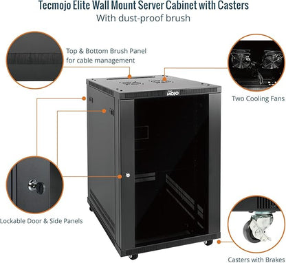 Tecmojo 18U Wall Mount Rack,18U Rack 23.6 Inch Depth,Hold Up to 176 Lbs,Server Rack with Casters,Enclosed Network Cabinet Kit for 19 Inch Network,Server and AV Gear,Glass Door(Elite Collection)