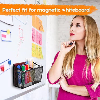Magnetic Pencil Holder - Extra Strong Magnets Mesh Marker Holder Perfect for Whiteboard, Refrigerator and Locker Accessories (2 Baskets, 1 Pack Black)