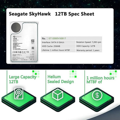 Seagate Skyhawk 12TB Video Internal Hard Drive HDD-3.5 Inch SATA 6Gb/s 7200PRM 256MB Cache for DVR NVR Security Camera System with Rescue Services (ST12000VX0017/0007) (Renewed)