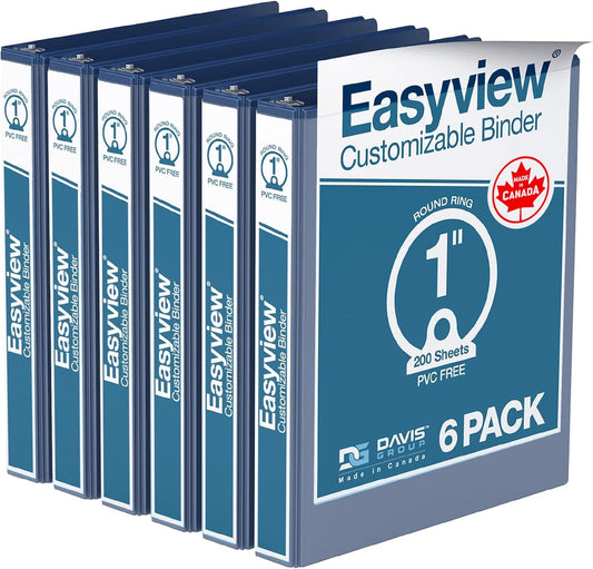Easyview Premium 3-Ring Binders with Clear-View Covers and Round Rings, Binders for School or Office, 1 Inch, Pack of 6, Royal Blue