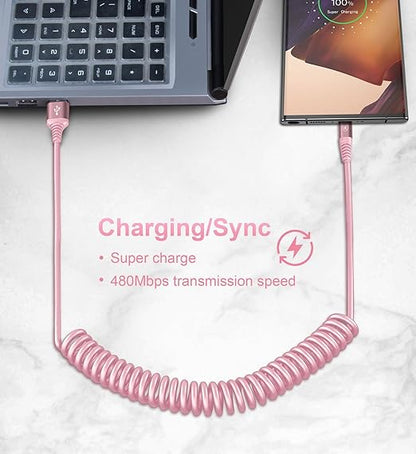 USB C Cable Fast Charging Cable [3FT+6FT], Coiled USBA to USBC Cable for Car, USB C Cord iPhone USB-C Cable Compatible with iPhone 17 16 15 Pro Max,Samsung Galaxy S10 S9 and More-Pink