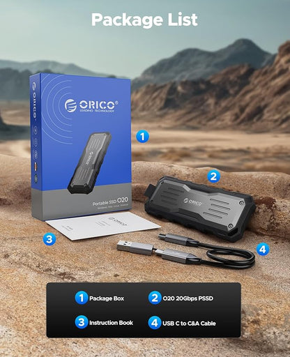 ORICO 2TB External SSD Up to 2000MB/s, Interface Extra Protection, Waterproof and Dust-Proof, Rugged and Reliable Outdoor Portable Solid State Drives for Action Camera, Smartphone, Laptop - O20