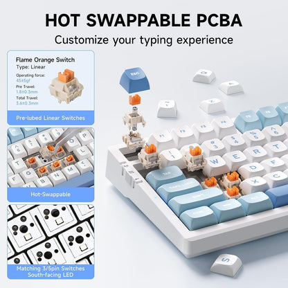 G98 PRO Wireless Gaming Keyboard, Tri-Mode Connection Mechanical Keyboard, Hot Swappable Custom Gasket Structure, Pre-lubed Linear Switches, Double Shot PBT Keycaps, RGB LED Backlit, Blue&White