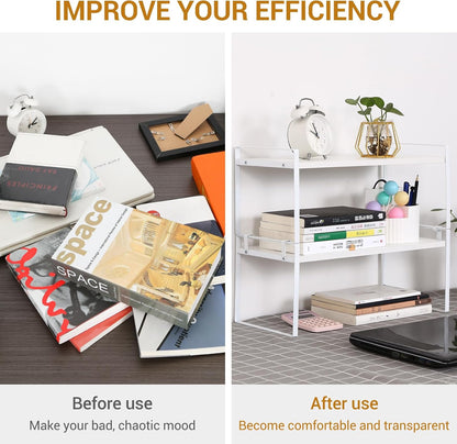 YGYQZ Wood Office Desk Shelf Organizer - Desktop Supplies Cute Dresser Top Organization Storage Rack and Cubicle Decor Aesthetic Bookshelf for Women Man and Kids (White White-Two Tier)