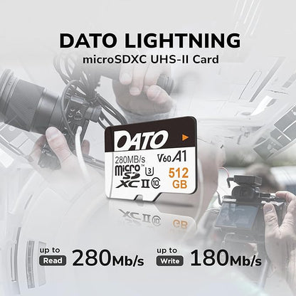 DATO 512GB Lightning microSD Card, UHS-II, A1, C10, U3, V60, Full HD, 4K, Up to 280/180 MB/s microSDXC Memory Card with Adapter, for Phones, Cameras, Portable Gaming Devices
