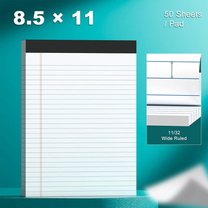 AILZFEI 300 Sheets White Legal Pads 8.5 x 11 Wide Ruled 6 Pack Notebook Paper Note Pad 50 Sheets per Notepad Perforated Writing Pad Study Back 8x11 Pads of Paper