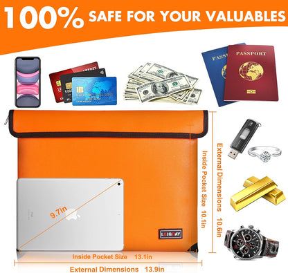 Fireproof Bag with 5200℉ Thermal Insulated, Waterproof Fireproof Box with Zipper, Fireproof Money Bag for Cash, Fireproof Safe Bags for Home Safe Bank Valuable Documents (Orange, 13.9"x10.6")