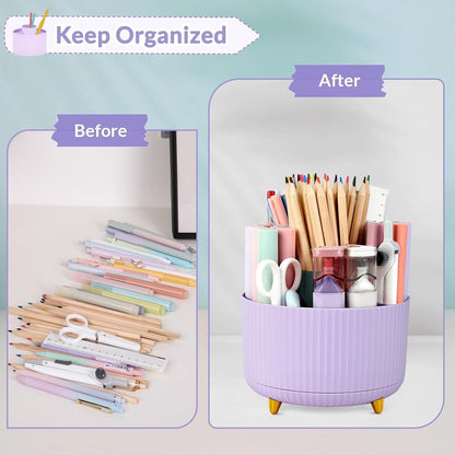 SKYDUE 360 Rotating Purple Pen & Art Supply Organizer - 5 Slot Desk Organizer for Office, School, Home