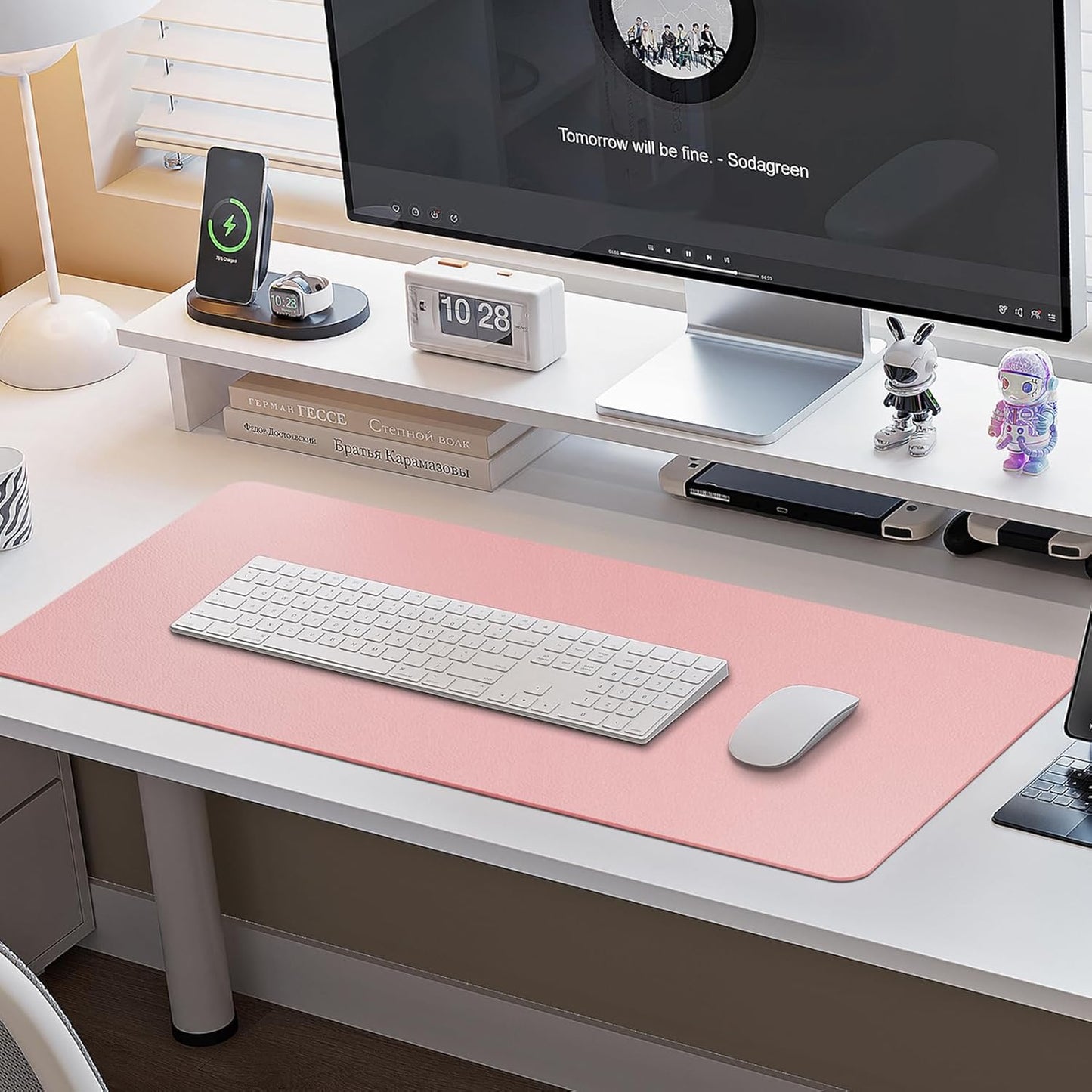 Boutilon Leather Desk Pad Protector,Non-Slip Mouse Pad,Laptop Desk Pad,Office Mouse Mat,Waterproof Leather Desk Blotter,Desk Writing Pad for Office and Home (L-Pink,35"x 17")