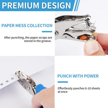 Single Hole Punch, 2 Pcs Hand Hole Puncher with Soft Grip Handle, 1/4" and 1/8" Small Hole Paper Punch for Crafts, Scrapbooks, 6 Sheets Capacity, Tags, Tickets - Blue