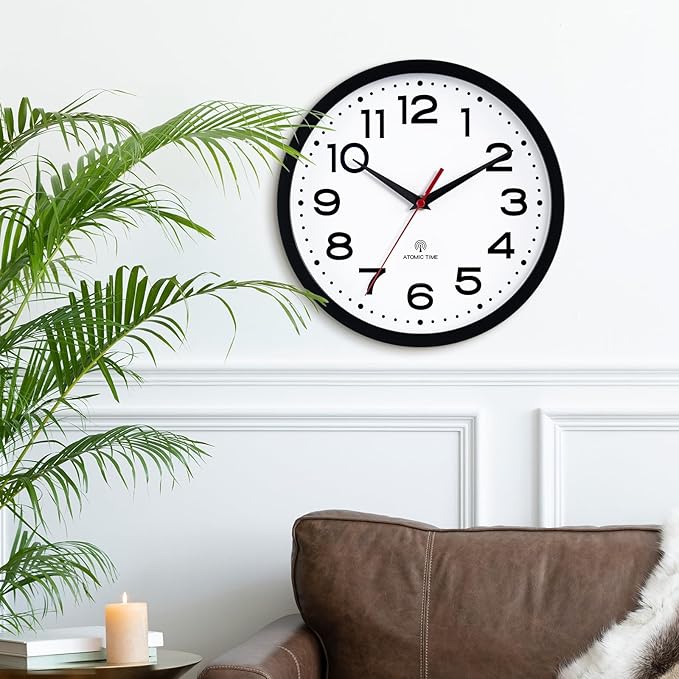 Atomic Wall Clock 12 Inch, Modern Clock Battery Operated Classic Analog Decorative for Kitchen, Living Room, Office, Bedroom, Bathroom (Black)