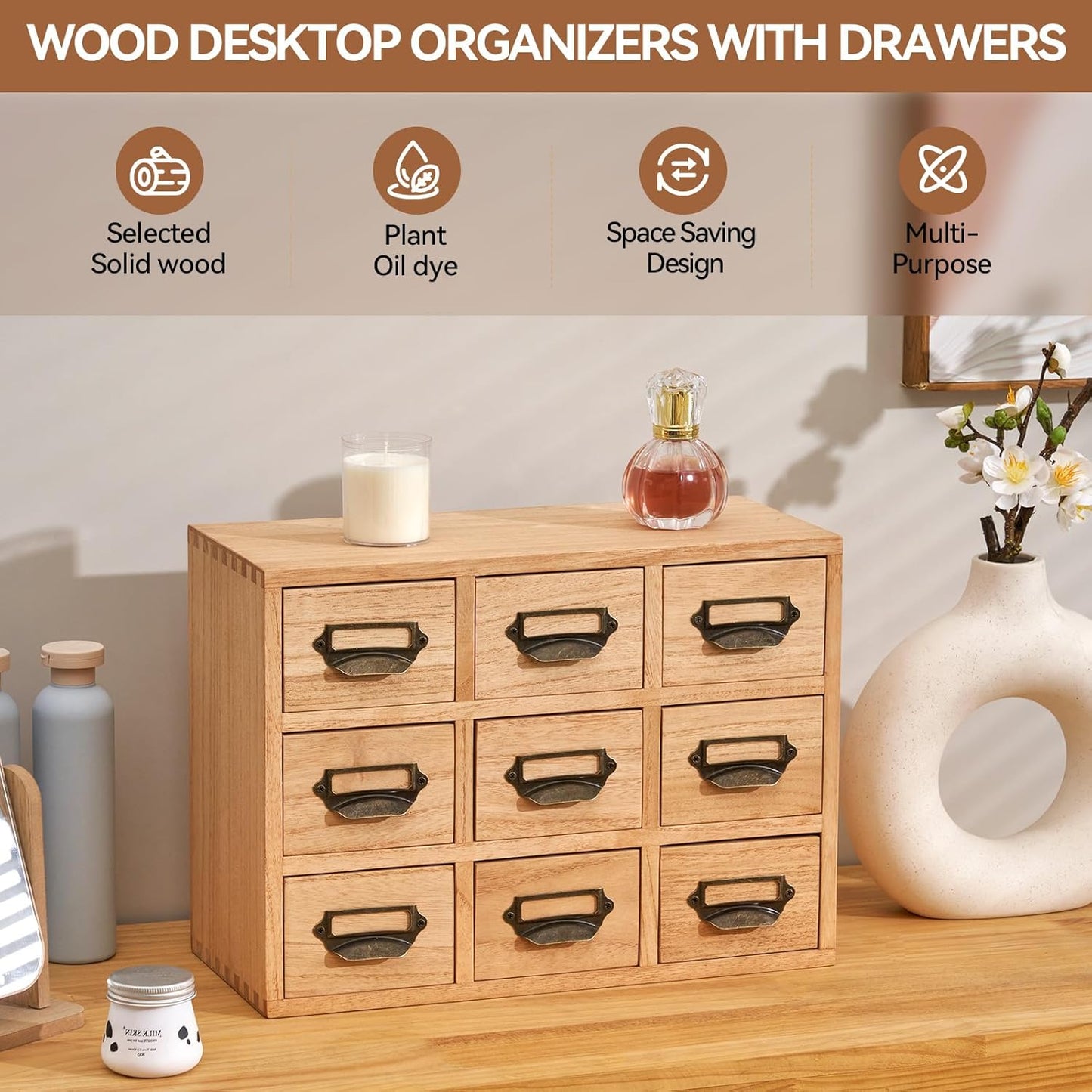 KIRIGEN Wood Drawer Organizer Desktop Storage Cabinet Box Drawers for Home Office Desk Organization and Storage 9 Drawer Mini Chest with Metal Handles Natural (9CG-NA)