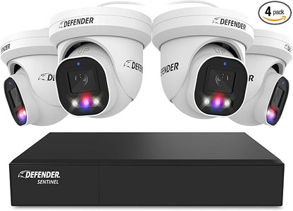 Defender AI Powered Sentinel Pro Turret 8CH NVR PoE Security Camera System, 4pc Metal Turret Cameras, 109° Wide Angle, IP66 Rated, Audio Recording, Web Viewing, 1TB HDD, Works w/Empower App