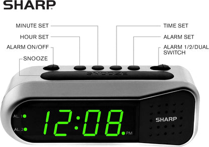 Sharp Digital Alarm Clock - Ascending Alarm Begins Faintly and Grows Increasing Louder, Gentle Wake Up Experience, Dual Alarm - Battery Back-up, Easy to Use with Simple Operation (Brushed Silver)