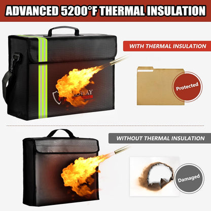 ROLOWAY Large Fireproof Bag 5200°F Heat Insulated (17 x 12 x 5.8 inches) with Reflective Strip, Fireproof Document Bag with Fireproof Money Bag for Cash Safe, Fireproof Safe Bag for Document Safe