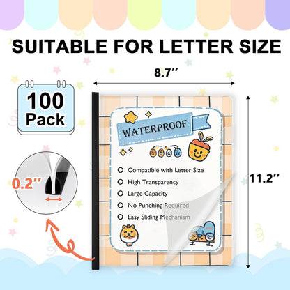 TOTiyea 100 Pack Letter Size Clear Report Covers with Sliding Bars, 5mm (25 Sheet Capacity) Sliding Bar File Folders, Black