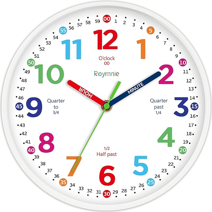 Roymnie12 Inch Wall Clock for Kids Learning to Tell Time Easily Analog Non Ticking Battery Operated Teaching Clock Silent Teaching Time Clock Decorative for Kids Room Classroom School (White Grain)