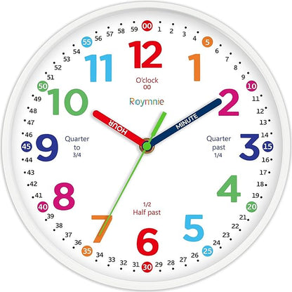 Roymnie12 Inch Wall Clock for Kids Learning to Tell Time Easily Analog Non Ticking Battery Operated Teaching Clock Silent Teaching Time Clock Decorative for Kids Room Classroom School (White Grain)