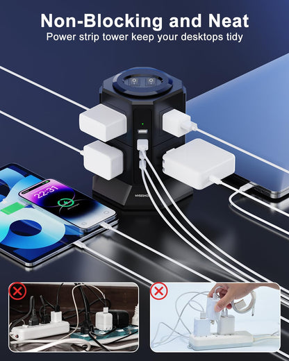 Surge Protector Power Strip Tower with 8 AC Outlets 4 USB Ports(2 Type C), 6.5 FT Ultra Flat Extension Cord, Flat Plug Power Strips Tower with Surge Protection for Home, Office, Dorm